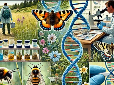 Collage showing a scientist examining specimens at a microscope, a field researcher in a wildflower meadow, butterflies, bee…